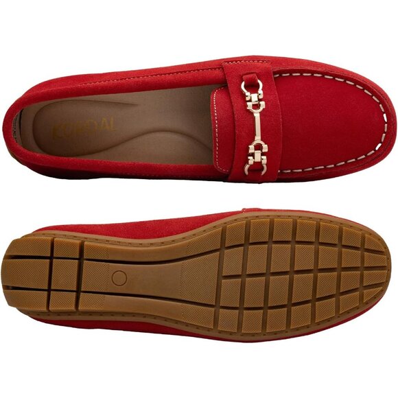 Kordal Women's Red Leather Gold Accent Buckle Slip-Ons Comfortable Loafers - Picture 7 of 9